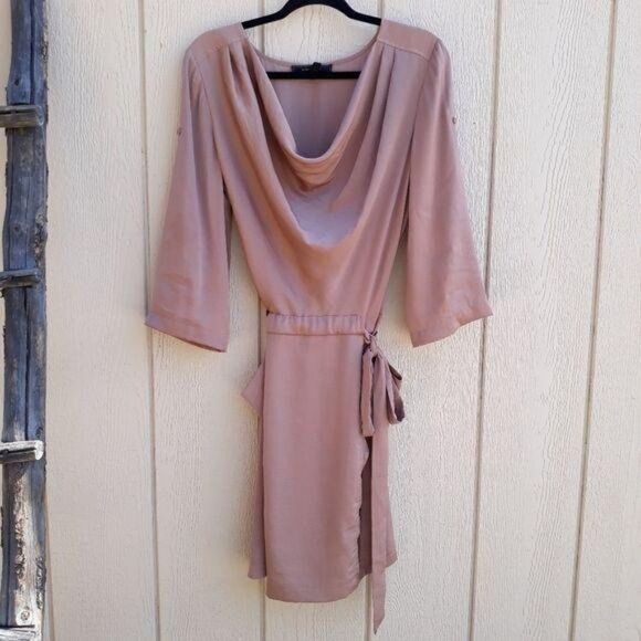 BCBGMaxAzria Alex Cowl Neck Dress Short Sleeve Belted Peasant Satin Rose Gold M - Picture 2 of 14